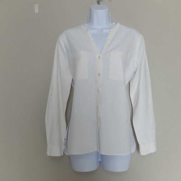 Nine West Jeans White Linen Blend Long Sleeve Button Up Blouse Size Small - Picture 2 of 9